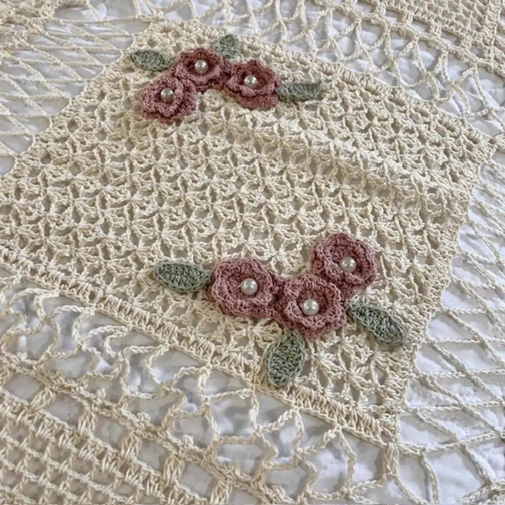 Hand Crocheted Bedspread Floral Applique King 95x83 Cottagecore Girls Bedroom
